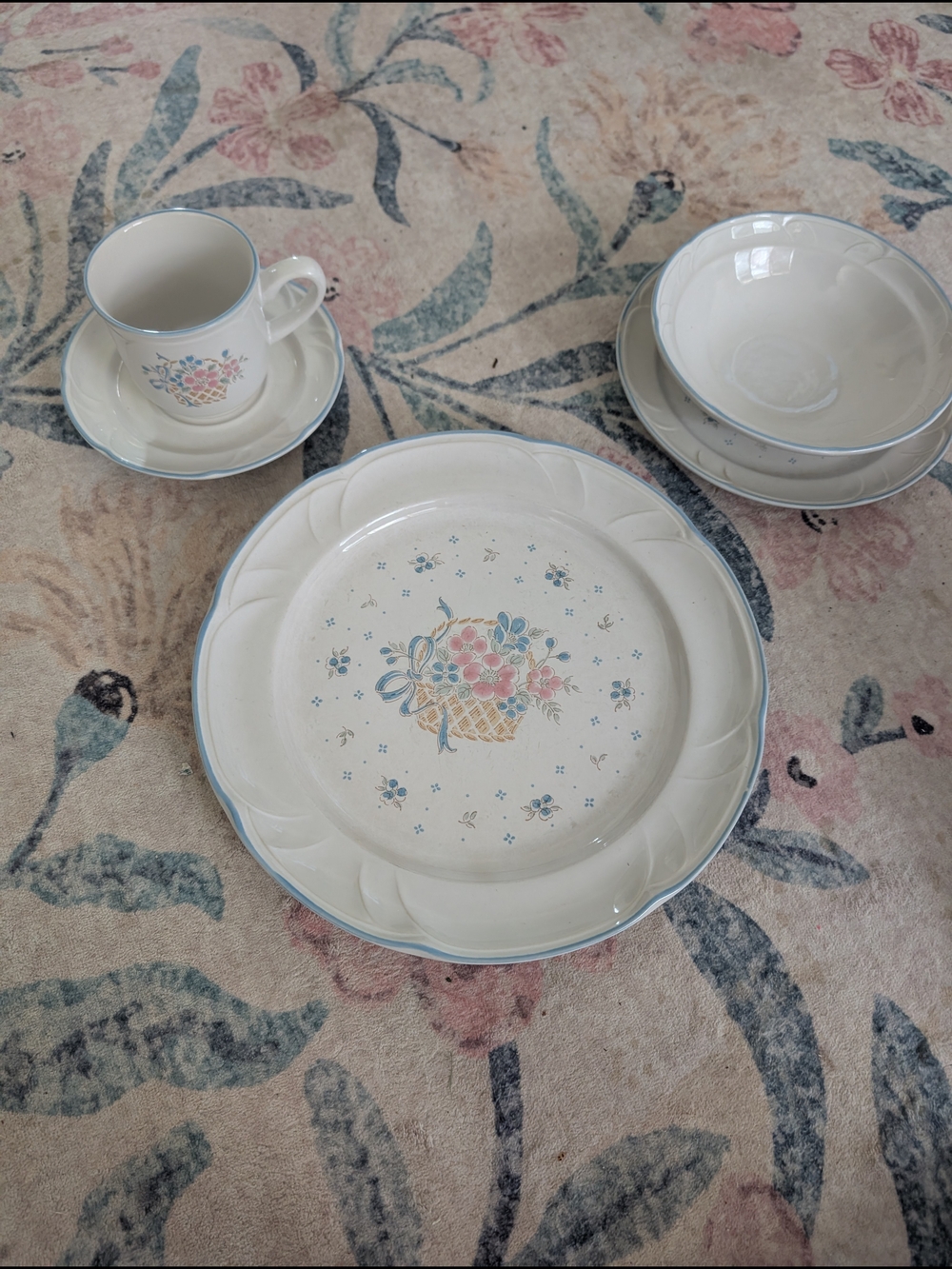 Vintage Country Basket Dish Set- Dinner And Salad Plates, Cup And Saucer, Bowl